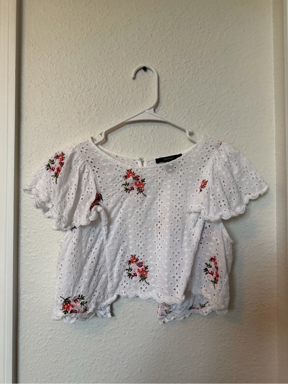 Forever 21 White Eyelet Top with Pink & Red Floral Embroidery